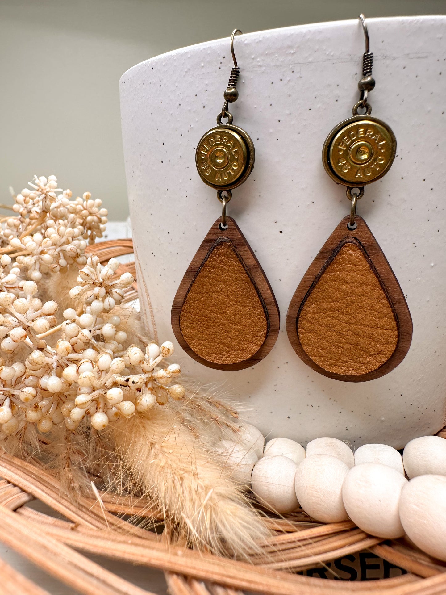 Gold Leather & Wood Earrings